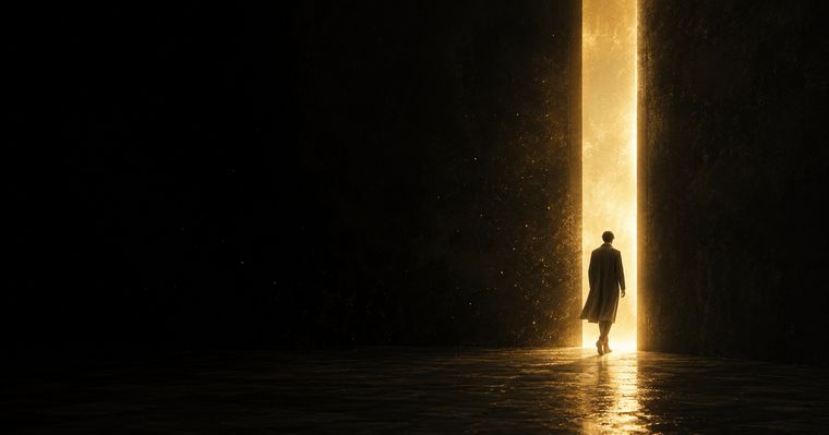 Article cover: a figure crossing a doorway of gold light